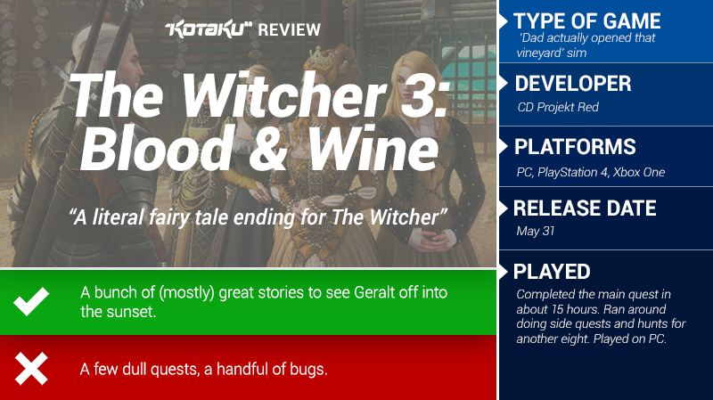 Illustration for article titled The Witcher 3: Blood and Wine: The Kotaku Review